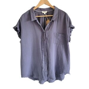 Umgee Shirt Large Button Front Raw Hem Ash Blue Short Sleeve Beach Coastal New‎